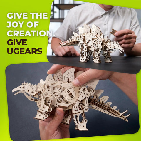 Walking Stegosaurus Wooden 3D Puzzle Kit for Adults, Wind Up Mechanical Dinosaur Model, DIY Craft Project with 305 Pieces, Realistic Dino Gift, Dope Brain Teaser for Weekends. Wooden stegosaurus being assembled by hand.