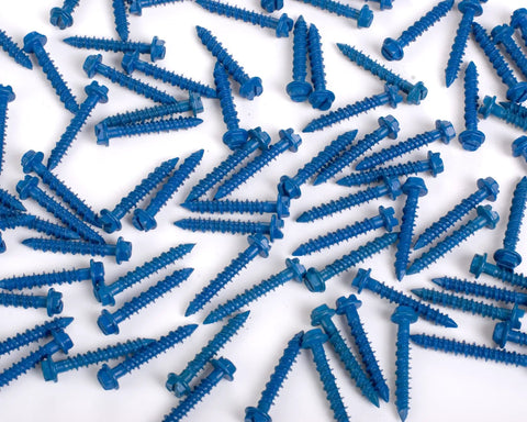 One Hundred Pack Diamond Tip Concrete Screws One Quarter Inch By One And Three Quarters Inch Hex Head spread on white background