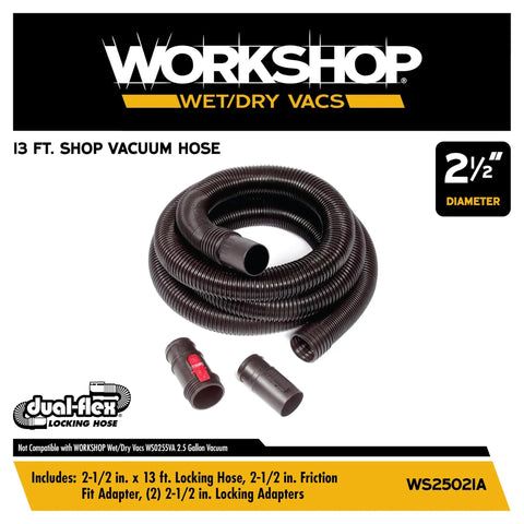 Long Two And A Half Inch By Thirteen Foot Locking Wet And Dry Shop Vacuum Hose With Dual Flex Ends For 180 Degree Reach