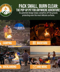 Collage showing Portable 24 Inch Collapsible Fire Pit for camping, backyard, overlanding, and beach use, lightweight design.