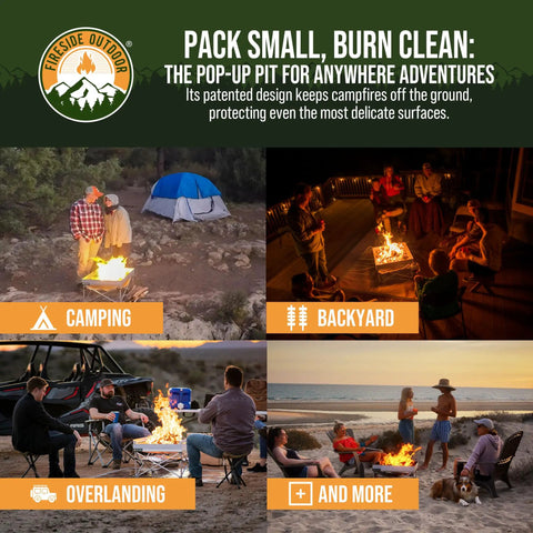 Collage showing Portable 24 Inch Collapsible Fire Pit for camping, backyard, overlanding, and beach use, lightweight design.