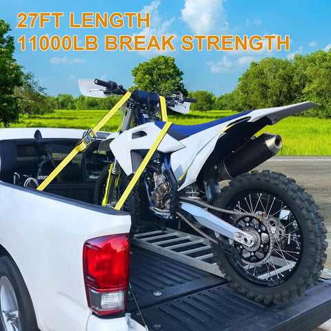 Heavy Duty Badass Ratchet Straps 4 Pack 2 Inch Wide By 27 Feet Long With Double J Hooks securing a motorcycle in a pickup truck.