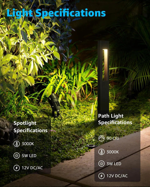 Spotlight and path light from 12 Pack Low Voltage Pathway Lights With 4 Spotlights Landscape Kit For Path Garden Yard And Patio Black Cast Aluminum IP65 12 24V AC DC 3000K Warm White Comes With 8 Path Lights 4 Spotlights 12 Fastlock2 Wire Connectors Transformer Not Included kit, illuminating plants.