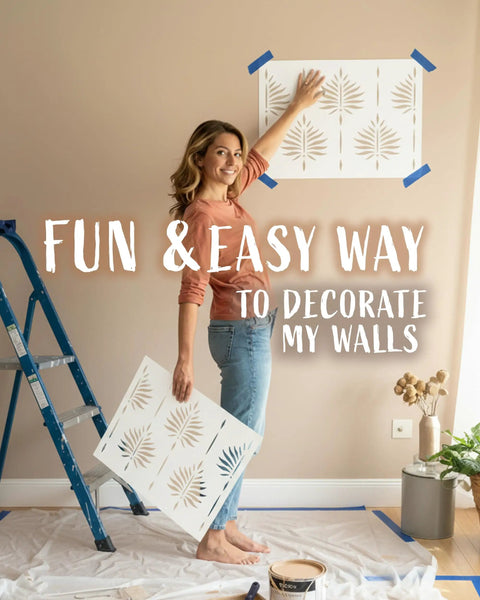 Woman using Fern Wall Stencil Set 2 Pack 17 By 22.5 Inches For Painting Large Patterns Perfect DIY Wallpaper Alternative on a wall.
