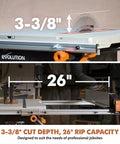 Close-up of 10 Inch Jobsite Table Saw With Wheeled Scissor Stand, showing 3-3/8 inch depth and 26 inch rip capacity.