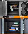 Two Pack Center Console Organizer Bottom Trays For Tesla Model Y Juniper 2025 2026 shown in before and after installation