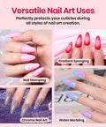 Versatile nail art uses with Colored Liquid Latex For Nails Peel Off Barrier 15ml, showcasing nail stamping, gradient sponging, chrome art, water marbling.