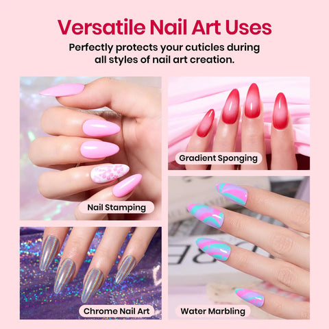 Versatile nail art uses with Colored Liquid Latex For Nails Peel Off Barrier 15ml, showcasing nail stamping, gradient sponging, chrome art, water marbling.