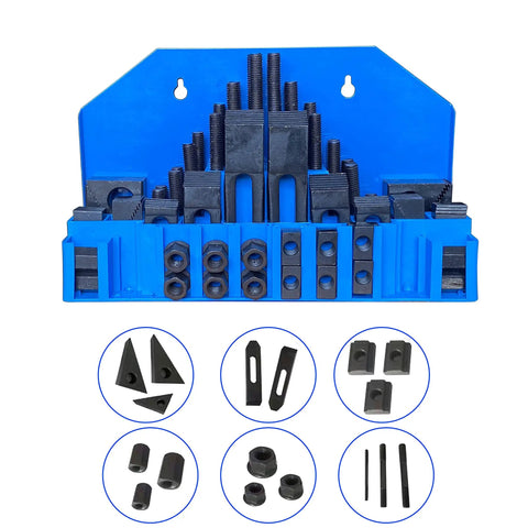Heavy Duty Hold Down Clamp Set 58 Piece For Bridgeport Milling Machines With Three Quarter Inch Slot And Five Eighth Inch Stud