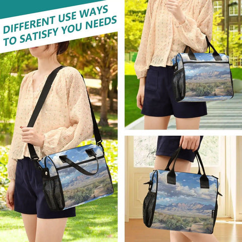 Large Insulated Cooler Bag With Desert Cactus Print, Leakproof Soft Cooler Tote For Women shown in multiple carrying styles