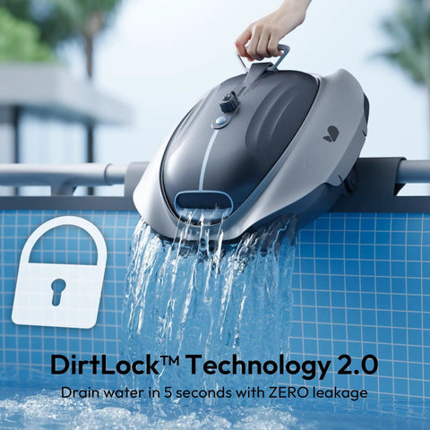 Beast Cordless Robotic Pool Cleaner With Industry Leading Suction Power DirtLock Tech 2.0 draining water from pool side