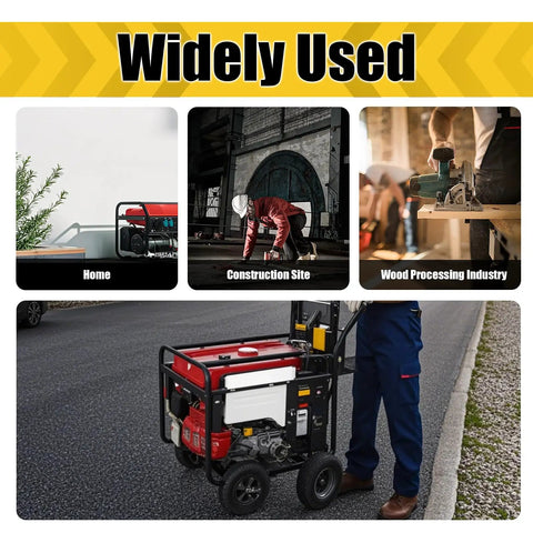 Collage of 5 Gallon Portable Gas Tank for Generators and Outdoor Power Gear with use cases like home, construction, and wood processing.
