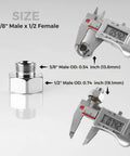 Heavy Duty Water Line Adapter Four Pack Half Inch Female To Three Eighths Male Reducer Fitting showing size measurements.