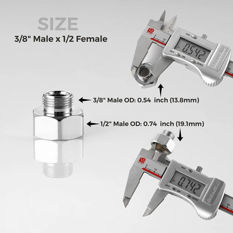 Heavy Duty Water Line Adapter Four Pack Half Inch Female To Three Eighths Male Reducer Fitting showing size measurements.