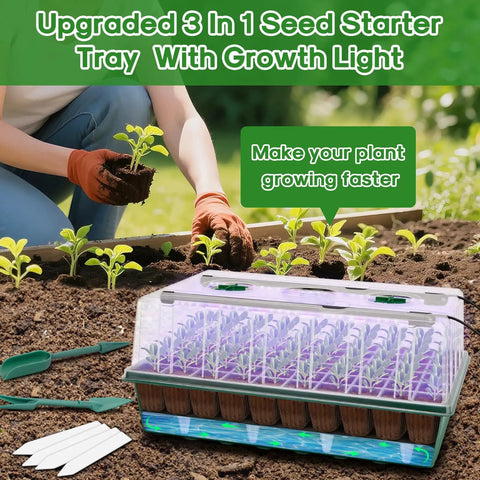Self Watering Seed Starter Kit With Grow Light, 120-Cell Germination Tray, 1-24 Hour Timer, Humidity Dome, Indoor Plant Starter Kit, Seedlings Tray Green