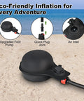 On The Go Solar Heated Camp Shower Bag 5 Gal 20L With Foot Pump Portable Shower, beach setting, focus on black foot pump.