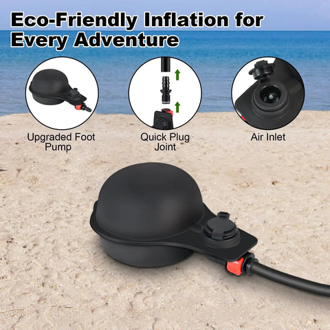 On The Go Solar Heated Camp Shower Bag 5 Gal 20L With Foot Pump Portable Shower, beach setting, focus on black foot pump.