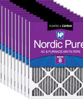 Stack of 12 By 24 By 1 Furnace Air Filter With Carbon, MERV 8 Pleated Design, No Fuss Odor Control For Pet Smells And Cooking, Actual Size 11.5 By 23.5 By 0.75, Fits Most 12x24x1 Housings, 12 Pack in purple packaging.