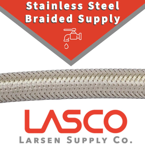 Braided Stainless Steel Ice Maker Water Line 12 Inch With One Quarter Inch Female Compression Ends Lead Free UPC Approved Easy Hookup For Most Fridges And Inline Filters tubing close-up with brand logo
