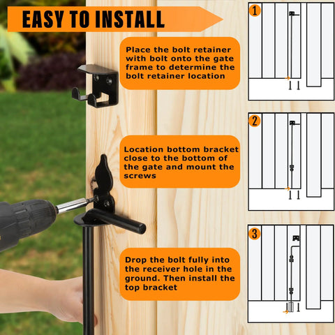 Installation guide for Tough As Nails 18 Inch Heavy Duty Cane Bolt Drop Rod Ground Latch for gates with bolt parts shown.