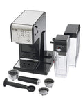 Super Sleek Programmable Espresso And Cappuccino Maker Featuring Automatic Milk Frother And 19 Bar Pump Stainless Steel Build with accessories on countertop