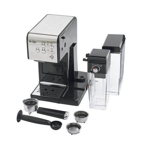Super Sleek Programmable Espresso And Cappuccino Maker Featuring Automatic Milk Frother And 19 Bar Pump Stainless Steel Build with accessories on countertop