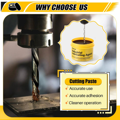 Dreyoo cutting paste for drilling metal, 8.8 oz yellow jar labeled Industrial Lubricating Agent beside a drill.