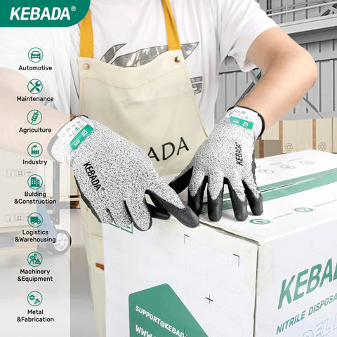 Person wearing Cut Resistant Gloves ANSI A2 Rated, High-Performance HPPE and Glass Fiber Blend with PU Coating while handling a box.