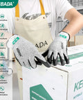 Person using cut resistant gloves with ANSI A2 rating HPPE and glass fiber blend PU coated grippy hands mid-task