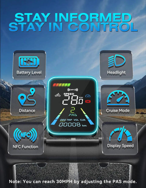 Electric Fat Tire Bike For Adults With 2500W Peak Motor dashboard displaying speed, NFC function, and cruise mode control panel.