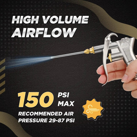 Industrial Air Blow Gun Kit With 4 Brass Adjustable Nozzles And 8 Steel Extensions One Quarter Inch NPT in action, high volume airflow
