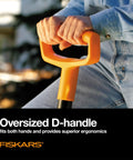 Person holding 46 Inch Steel Flat Spade With Ergonomic D-Handle For Lawn Edging And Tough Digging, Heavy Duty Yard Work Shovel.