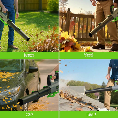 Cordless Leaf Blower With 2x 5.0Ah Batteries And Charger 21V used for blowing leaves on lawn, yard, car, and roof