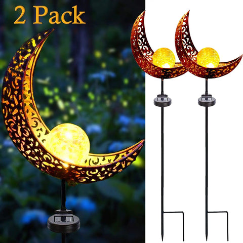 2 Pack Solar Moon Lights With Crackle Glass Globes In Antique Brass Finish On Durable Metal Stakes For Outdoor Waterproof Garden Yard Patio Decor No Wires Needed Warm White Lantern Glow For Lawn Weddings Parties