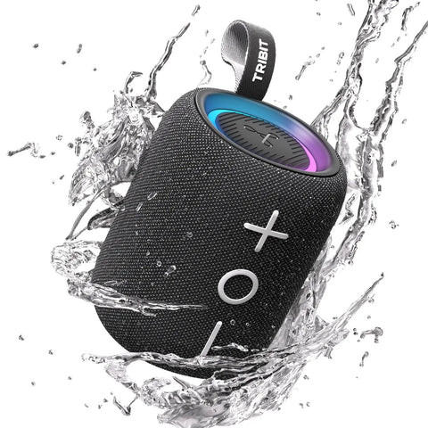 StormBox Mini Plus Portable Bluetooth Speaker with 360 Surround Sound, 12W Output, IPX7 Waterproof, RGB Lights, splashing in water.