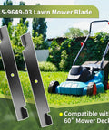 Image showing 115-9649-03 lawn mower blades next to a blue and black lawn mower on grass, compatible with 60-inch mower decks.