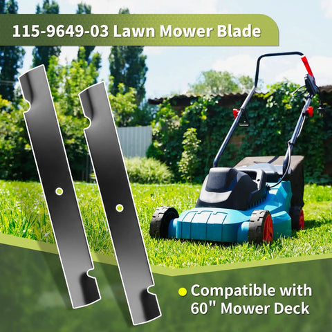 Image showing 115-9649-03 lawn mower blades next to a blue and black lawn mower on grass, compatible with 60-inch mower decks.