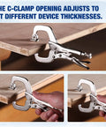 6 Inch Locking C Clamp With Swivel Pads Heavy Duty Adjustable Vise Grip Pliers on wood, showcasing clamping capability.