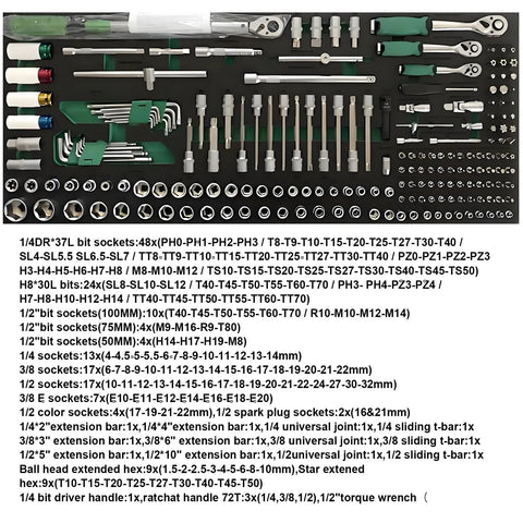 348 piece tool set included in 13 Drawer Rolling Tool Cabinet With Wood Workbench And Pegboard Heavy Duty Steel Tool Storage