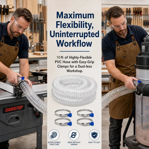 4 Inch Clear PVC Dust Collection Hose 10 Foot Flexible Puncture Resistant Fume Hose With Carbon Steel Wire Coil in workshop setup