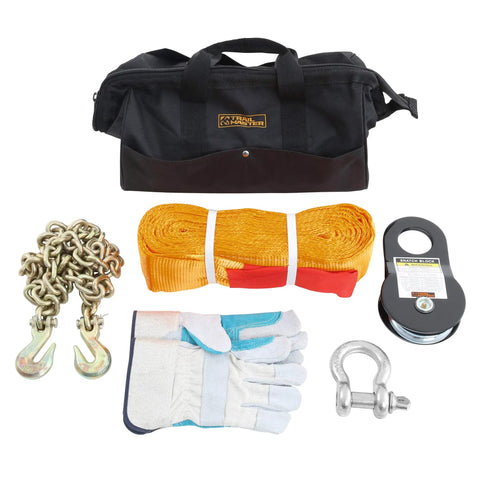 Universal Winch Accessory Kit With Tree Trunk Protector 4X20 Feet, Snatch Block 30,000 Lb Capacity, Gloves, Chain, Trail Bag