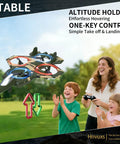 Fighter Mini RC Airplane For Kids And Newbies Hand Launch Stunt Drone hovering outdoors with kids and parent, showing controls.