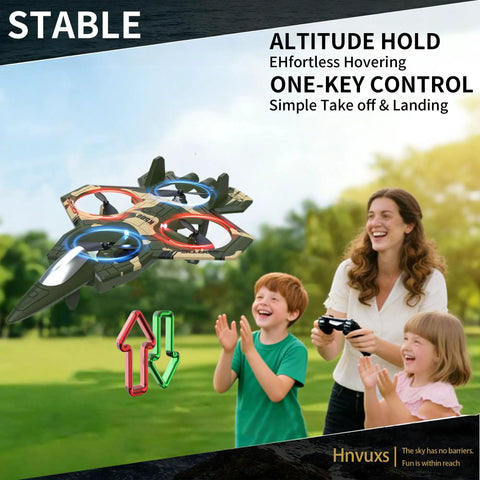 Fighter Mini RC Airplane For Kids And Newbies Hand Launch Stunt Drone hovering outdoors with kids and parent, showing controls.