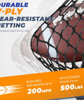 7-ply tear-resistant netting detail with football, text highlighting durability up to 200mph and 500lbs force.