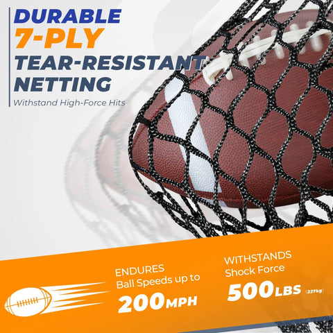 7-ply tear-resistant netting detail with football, text highlighting durability up to 200mph and 500lbs force.