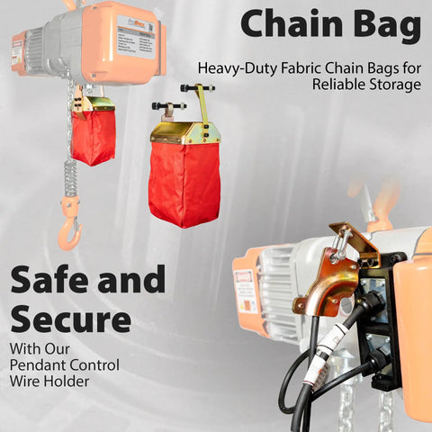 Heavy Duty Electric Chain Hoist With 1100 Lbs Half Ton Capacity And 110 Volt 20 Foot Lift No Sweat Operation For Home Garages Includes Wireless Remote And Badass G80 Chain with red chain bags for storage.
