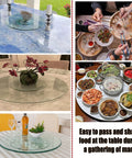 Glass Lazy Susan For Dining Table Extra Large Turntable Serving Tray with decor and dishes for family meals and parties.
