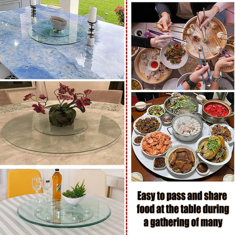 Glass Lazy Susan For Dining Table Extra Large Turntable Serving Tray with decor and dishes for family meals and parties.