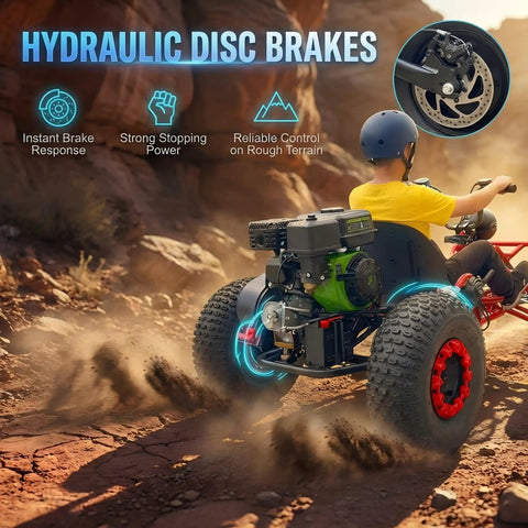 Beast 212cc 4 Stroke Off Road Go Kart with CVT Automatic Transmission and Hydraulic Disc Brakes on rocky terrain