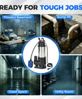 Real Deal Heavy Duty Submersible Sewage Pump With Rock Solid Stainless Steel Build Moving 2900 GPH in flooded basement setting.